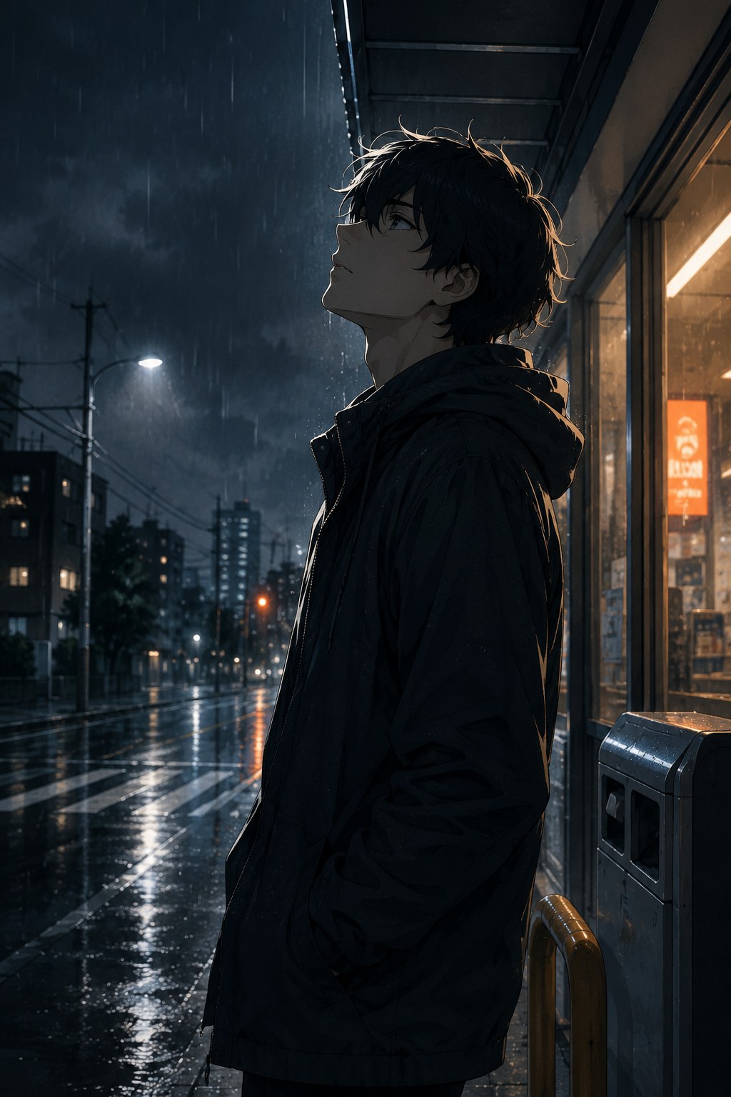 Neural Codex MX-001 — rain-lit street, cel-shaded anime, cold key with one warm accent