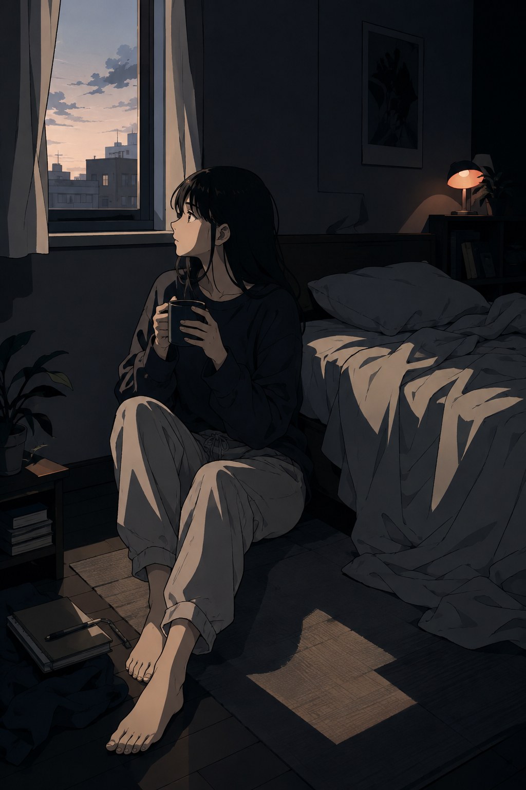Neural Codex MX-002 — quiet interior, single window light, cel-shaded anime