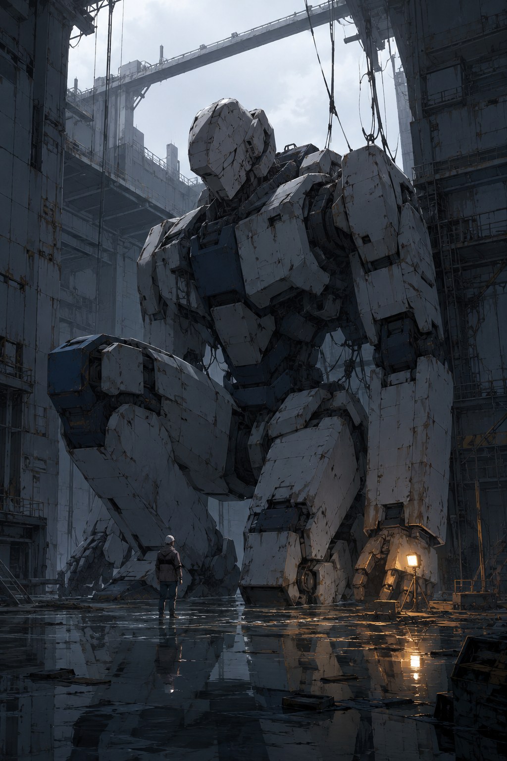 Neural Codex MX-003 — humanoid machine in a flooded hangar, wide shot with a human for scale